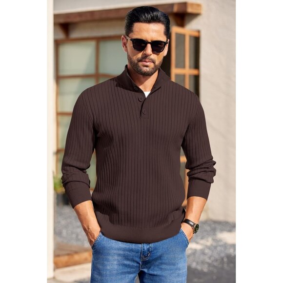 Men's Quarter Button Sweater Long Sleeve Stand Collar Sweater Knitted Brown - Picture 2 of 5